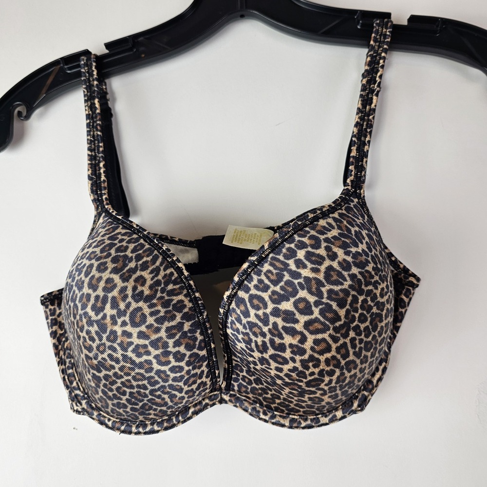 Xhilaration Womens 34D Bra Leopard‎ Stretch Plunge Push Up Underwire Lingerie